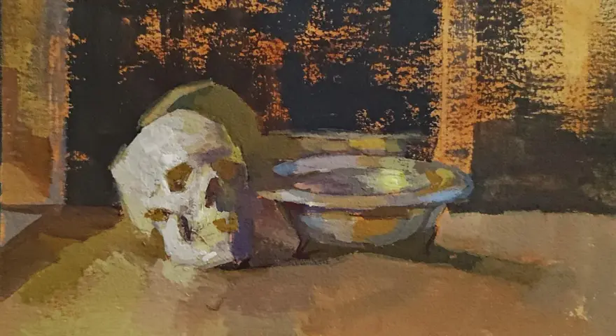 En gouache målning av ett skalle och en skål. Bakgrunden är mörk med orangea och gula toner.