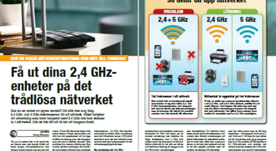 En router med antenner på ett bord. Bredvid en artikel om hur man får ut sina 2,4 GHz-enheter på det trådlösa nätverket, med tips om att koppla router till router.