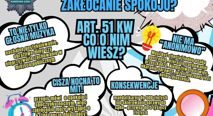 Grafika informuje o zakłócaniu spokoju, hałasie i krzykach. Podkreśla, że cisza nocna to mit, a zakłócenie może wystąpić o każdej porze dnia i nocy.