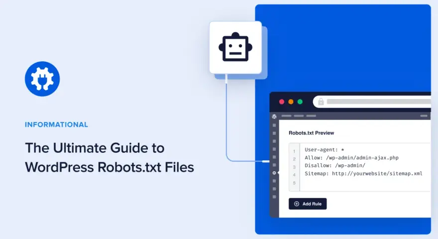 Anleitung zum robots.txt erstellen: Ein Roboter-Icon und ein Code-Editor zeigen, wie man Regeln für Suchmaschinen festlegt.