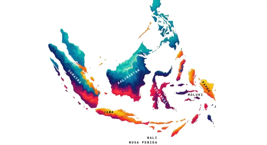 Mapa Indonezji z zaznaczonymi wyspami: Sumatra, Jawa, Kalimantan, Sulawesi, Moluki, Papua. Pokazuje, gdzie leży Indonezja.