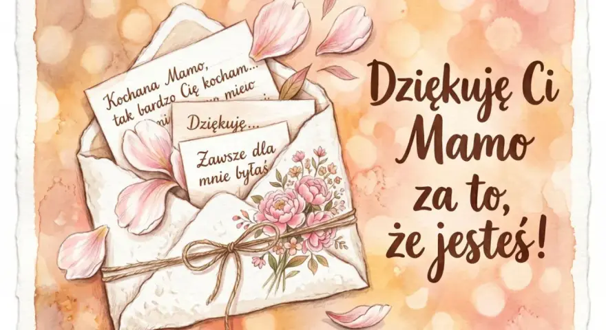 Piękna kartka z kopertą, kwiatami i listami, pełna ciepłych słów: "Dziękuję Ci Mamo za to, że jesteś!". Idealne na wyjątkowe życzenia urodzinowe dla mamy.