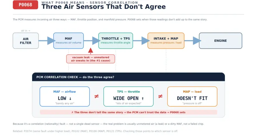 P0068 code: Three air sensors disagree. MAF shows low airflow, TPS wide open, MAP doesn't fit. PCM can't trust data.