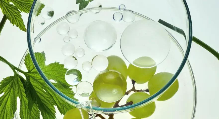 Grüne Trauben und Blätter in einem Glasgefäß mit Bläschen. Die natürliche resveratrol wirkung haut wird erforscht.