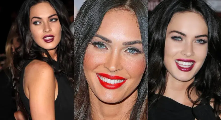 Megan Fox con labbra rosse e blu elettrico, un look da inverno armocromia che esalta il suo fascino.