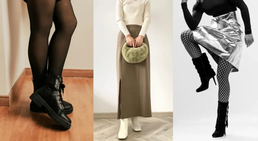 Trzy stylizacje z botkami: czarne sznurowane, białe kozaki i czarne z klamrami. Botki skarpetkowe stylizacje na różne okazje.