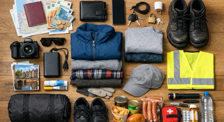 Zestaw podróżny: mapa, paszport, pieniądze, aparat, powerbank, ubrania, buty, czapka, kamizelka odblaskowa, latarka, apteczka, jedzenie. solutions recruitment bv.