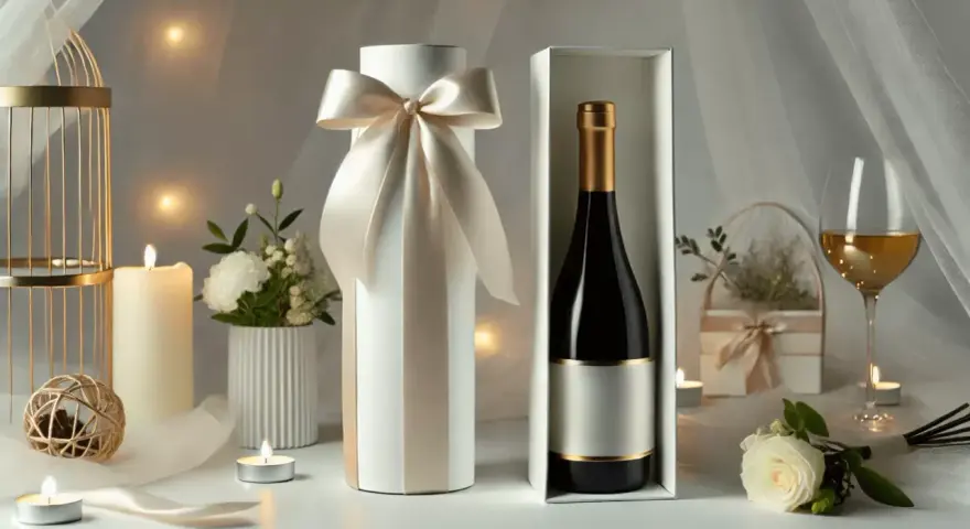 Eleganckie opakowanie na wino na ślub, z satynową wstążką i złotymi detalami. Idealne, by dowiedzieć się, jak zapakować wino na ślub.