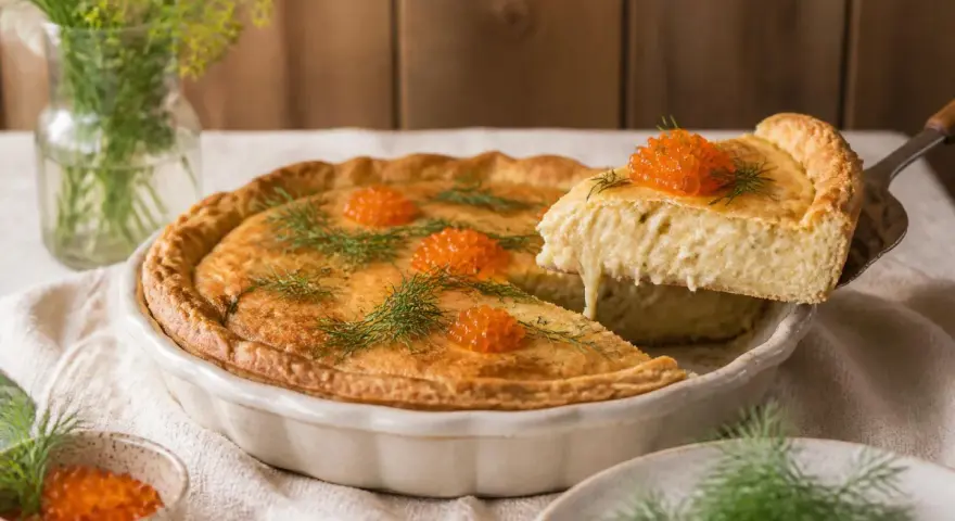 En gyllene paj med en härlig glutenfri pajdeg, toppad med rom och dill. En bit lyfts upp och visar den krämiga fyllningen.