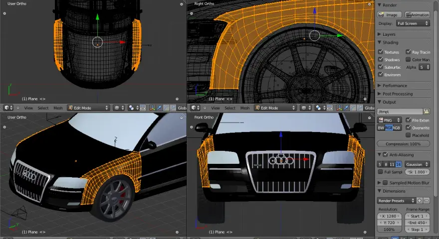Program do projektowania samochodów 3D, widok siatki Audi A8 w Blenderze.