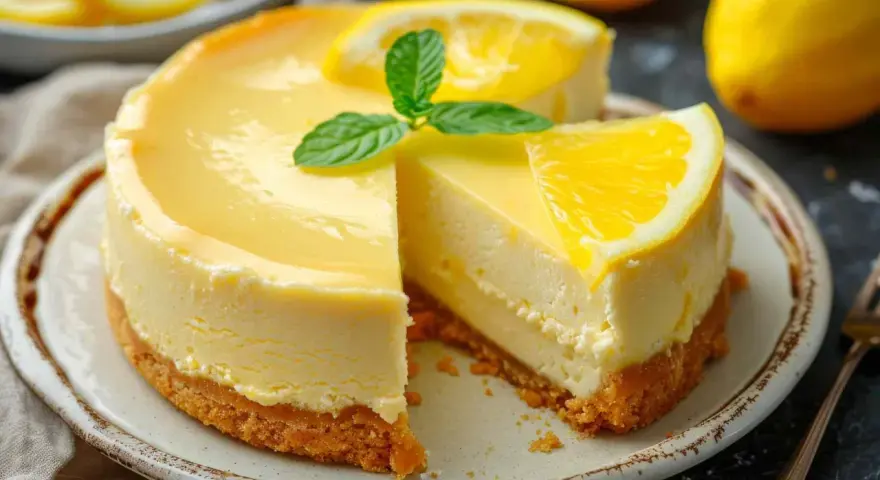Delicioso mousse de limón con base de galleta, decorado con rodajas de limón y hojas de menta.