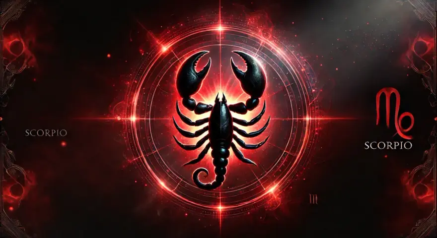 Mroczny skorpion w centrum, otoczony neonowym blaskiem i astrologicznymi symbolami. To znak zodiaku Skorpion, sugerujący silny ascendent w skorpionie.