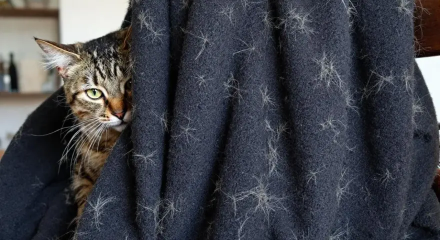 Un chat tigré se cache derrière un plaid couvert de poils. Une aide pour savoir comment enlever les poils de chat.
