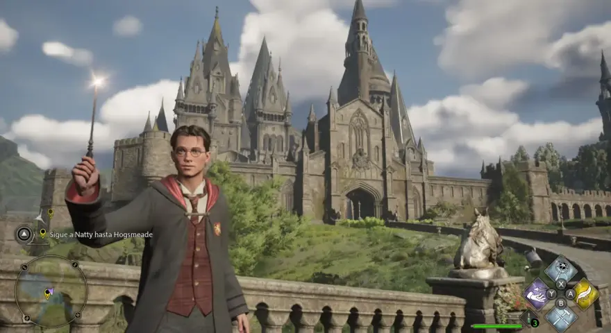 Estudiante con varita mágica frente al castillo de Hogwarts en Hogwarts Legacy Switch 2.