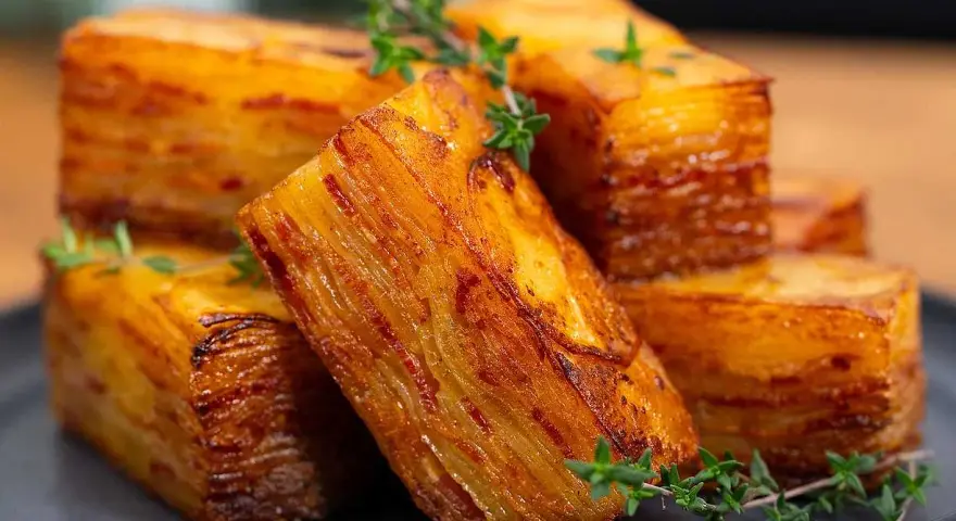 Krispig potatiskaka i ugn, skuren i eleganta bitar och garnerad med färsk timjan. En läcker rätt som passar till det mesta.