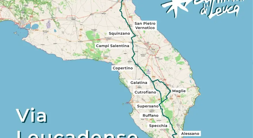 Mappa della Via Francigena del Sud, che attraversa la Puglia da Brindisi fino a De Finibus Terrae, toccando località come Lecce e Alessano.