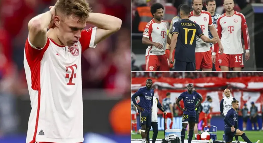 Jugadores de Madrid y Bayern en el campo. Un jugador del Bayern se lleva las manos a la cabeza.