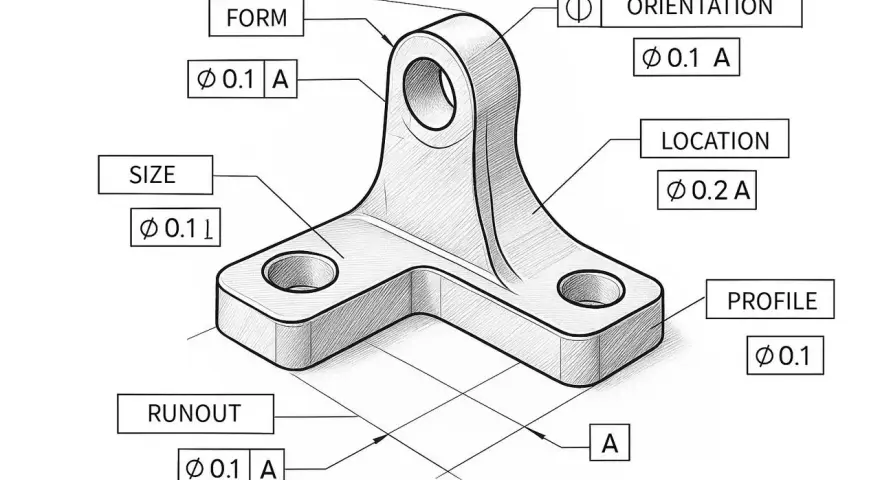 Rysunek techniczny z symbolami GD&T: FORM, SIZE, ORIENTATION, LOCATION, PROFILE, RUNOUT. Precyzyjne wymiary i tolerancje dla części.