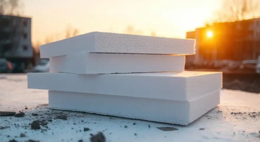 Lastre di polistirene estruso, ideali per l'isolamento termico di edifici, impilate al tramonto.