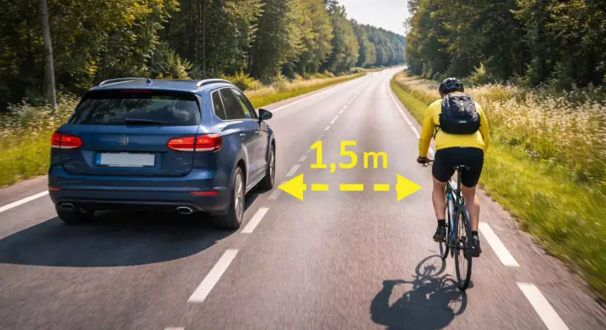 En bil kör nära en cyklist på en landsväg i Sverige. Texten "1,5m" indikerar avståndet mellan dem.