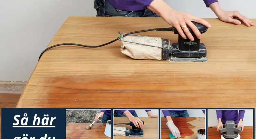Person slipar ett träbord med en Festool-slipmaskin. Bilden visar steg för att tapetsera bordet, inklusive slipning och applicering av olja.