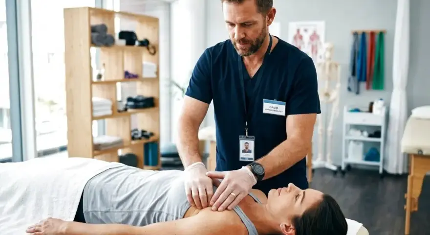 Fizjoterapeuta wykonuje masaż klatki piersiowej, pokazując jeden z rodzajów fizjoterapii.
