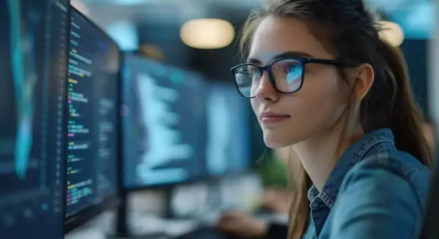 Une jeune femme programmeuse, tel une dj femme techno, travaille sur des lignes de code complexes devant plusieurs écrans lumineux.