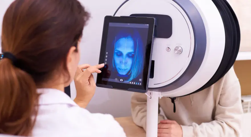 Lekarz analizuje obraz twarzy pacjenta na tablecie, wykorzystując zaawansowane urządzenie do diagnostyki chorób skóry.