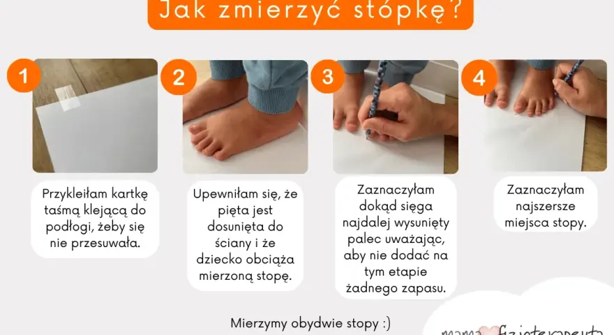 Jak zmierzyć stopę dziecka? Krok po kroku: przyklej kartkę, upewnij się, że pięta jest dosunięta, zaznacz najdłuższy palec i najszersze miejsca. 13 cm jaki to rozmiar buta dziecka?