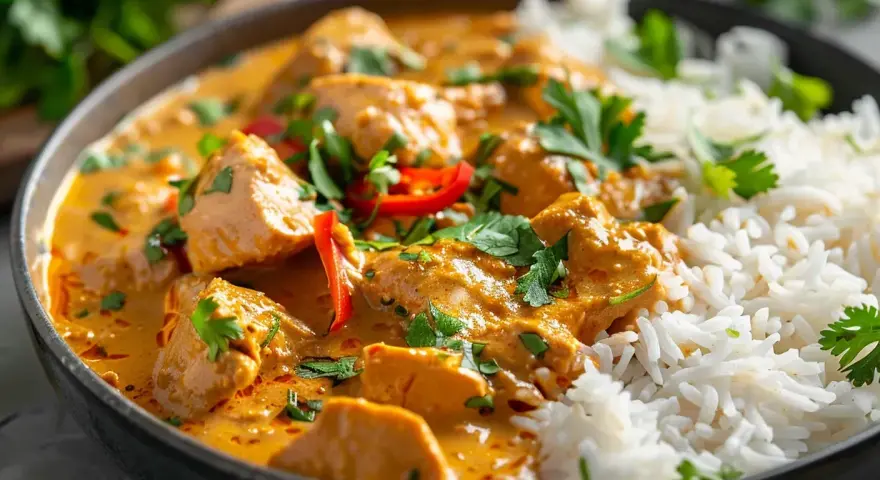 En skål med krämig kyckling curry med ris, toppad med färsk koriander och chili. En härlig måltid som värmer själen.