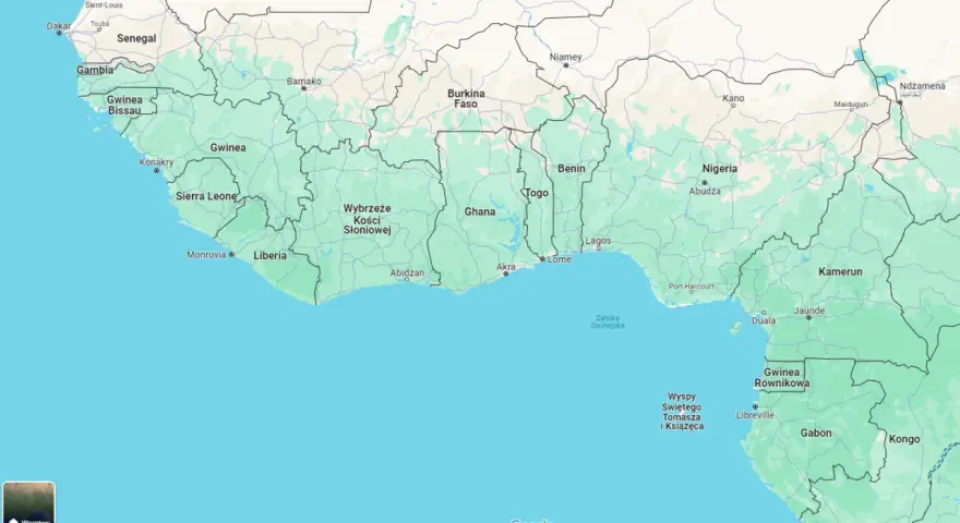 Mapa Afryki Zachodniej. Widoczny jest kraj Benin, położony między Togo a Nigerią, nad Zatoką Gwinejską.