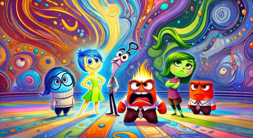 Kolorowy film edukacyjny dla dzieci o emocjach. Postacie: Radość, Smutek, Strach, Wstręt i Złość.