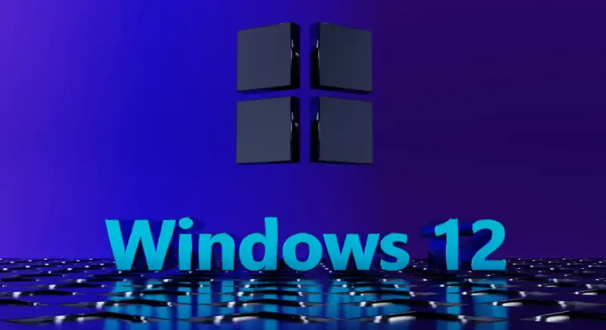 Trójwymiarowe logo Windows 12 na tle gradientowym.