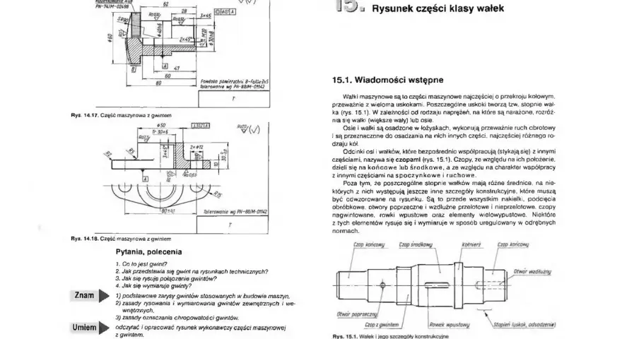 Rysunek techniczny wału z zaznaczonymi wymiarami, tolerancjami i detalami konstrukcyjnymi, takimi jak gwinty i otwory.