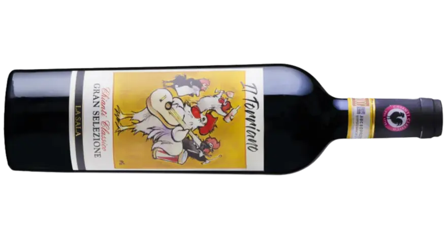 En flaska Chianti Classico Gran Selezione med en rolig etikett med tuppar som spelar musik. Perfekt vin till stifado!