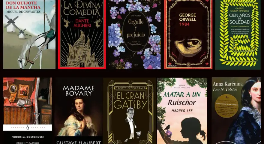 Selección de los mejores relatos cortos: "Don Quijote", "La Divina Comedia", "Orgullo y Prejuicio", "1984", "Cien Años de Soledad", "Crimen y Castigo", "Madame Bovary", "El Gran Gatsby", "Matar a un Ruiseñor" y "Anna Karénina".