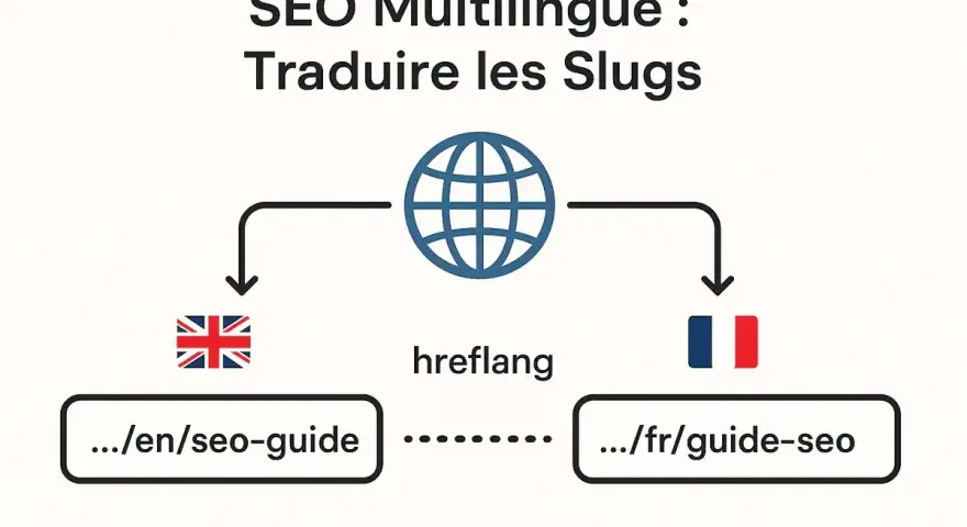 Schéma SEO multilingue : traduction des slugs pour WordPress. Un lien entre l'anglais (.../en/seo-guide) et le français (.../fr/guide-seo) via hreflang.