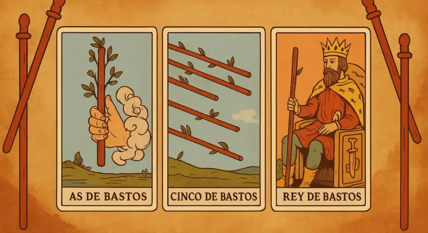 El As de Bastos, Cinco de Bastos y Rey de Bastos en el tarot.
