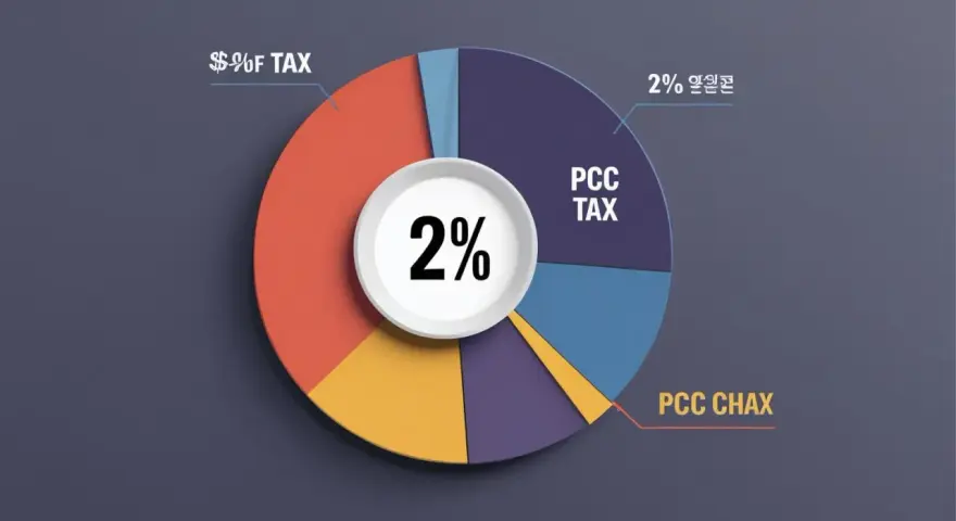 Wykres kołowy przedstawia podział kosztów, gdzie 2% to podatek od czynności cywilnoprawnych (PCC TAX).