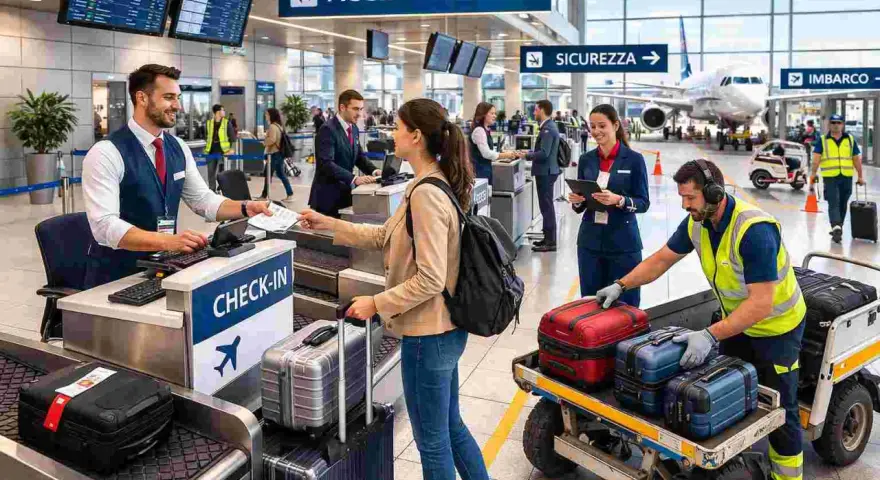 Personale sorridente al check-in, passeggeri con bagagli e addetti che lavorano in aeroporto.