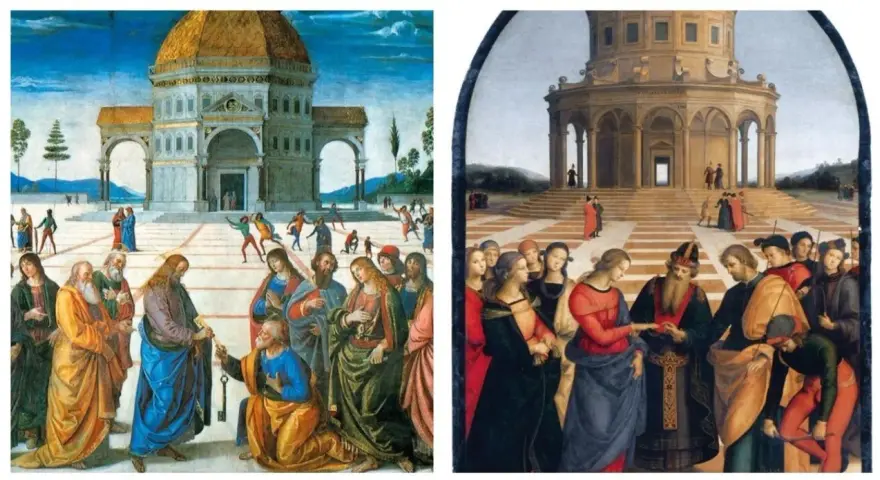 Deux scènes d'une oeuvre de la Renaissance italienne : remise des clés et mariage. Architecture classique, personnages en toges.