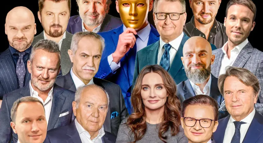 Portret zbiorowy znanych twarzy, wśród nich najbogatsi aktorzy w Polsce. Złota maska skrywa jedną z postaci.