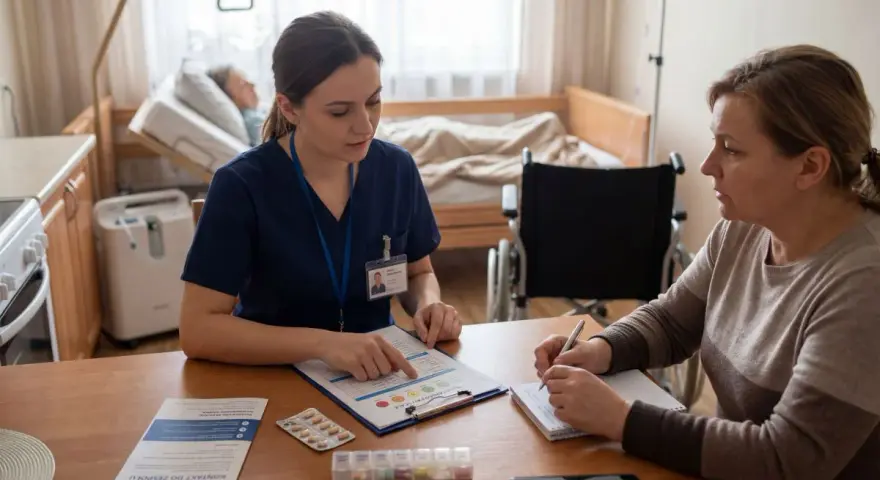 Pielęgniarka paliatywna omawia z pacjentką wyniki badań. W tle łóżko szpitalne i wózek inwalidzki.