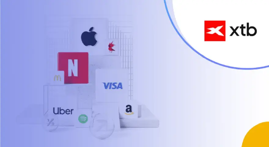Logo XTB obok ikon znanych marek: Apple, Netflix, McDonald's, Visa, Uber, Spotify, Amazon. Sprawdź XTB opłaty.