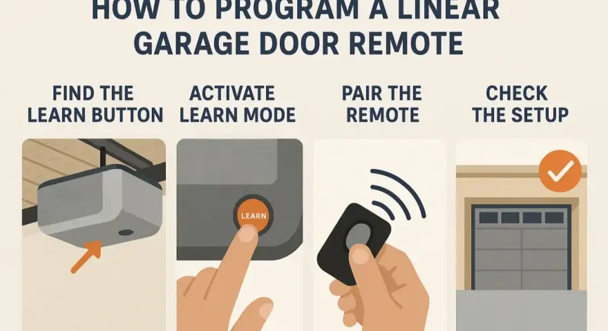 Illustration showing steps to program a garage door opener: finding the learn button, activating learn mode, pairing the remote, and checking the setup.