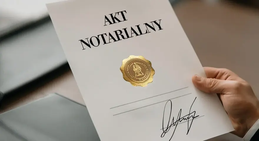 Dłoń trzyma dokument "Akt Notarialny" z pieczęcią i podpisem.