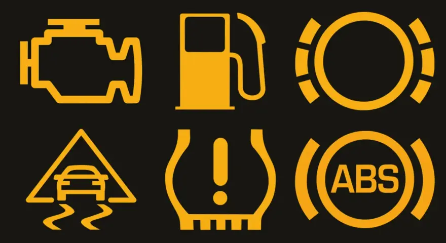 Gelbe auto symbole bedeutung: Motor, Tank, Bremsflüssigkeit, ESP, Reifendruck, ABS. Wichtige Warnleuchten für Ihre Sicherheit.