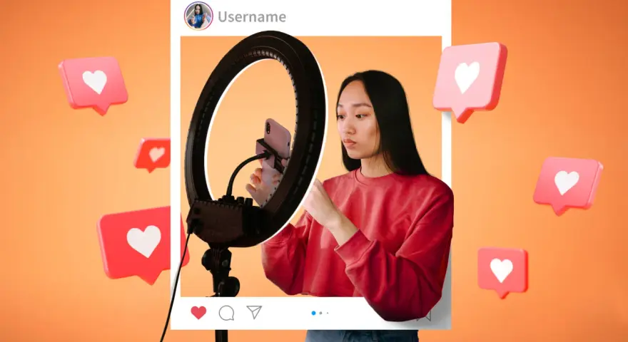 Joven creando contenido para publicidad con influencers, rodeada de notificaciones de "me gusta".