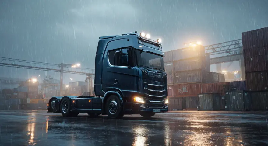 Ciemny Scania gotowy do prywatnych zleceń transportowych, stojący na mokrym placu w deszczu, wśród kontenerów.