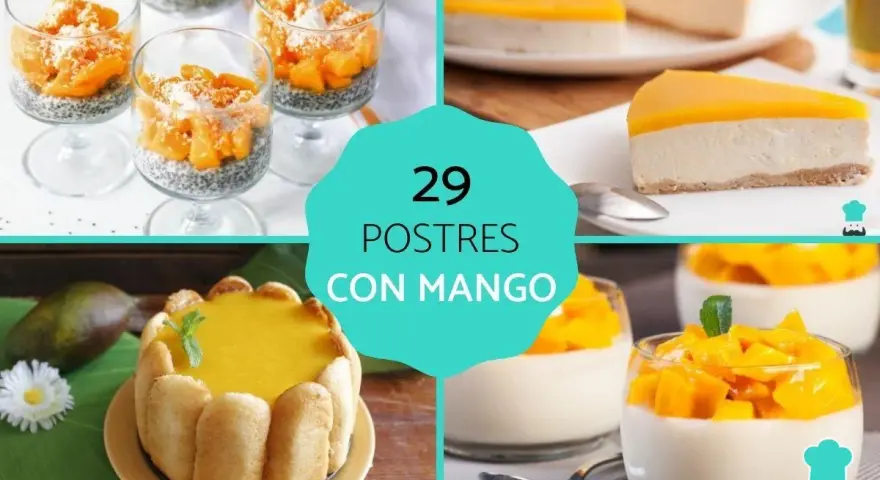 Collage de postres con mango: vasitos de chia, tarta, y postres individuales.
